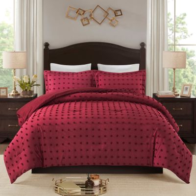 3 Pieces Jacquard Tufted King Bedding Comforter Set, Burgundy