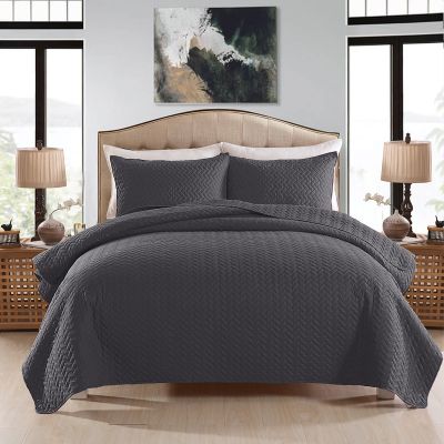 JML Quilt Set, 320GSM, 3-Piece Solid Lightweight Quilt Cover Bedspread Set(Dark Grey)