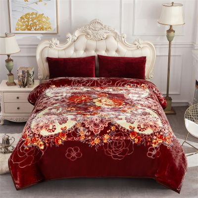 JML Heavy Blanket, Korean Fleece Blanket - Plush Soft Warm 2 Ply Printed Raschel Bed Blankets Burgundy Floral&solid Black