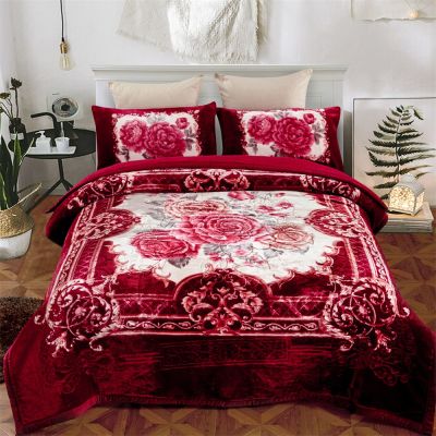 JML Sherpa Flannel Blanket, 3-Piece Fleece Blanket King with Pillow Shams, Burgundy