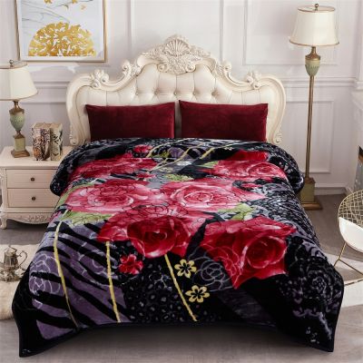 JML Heavy Blanket, Korean Fleece Blanket - Plush Soft Warm 2 Ply Printed Raschel Bed Blankets Black&solid Back