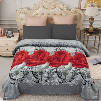 Heavy Korean Mink Fleece Blanket – 2 Ply Reversible 520GSM Silky Soft Plush Warm Blanket for Autumn Winter,Black & Gery Red Flower