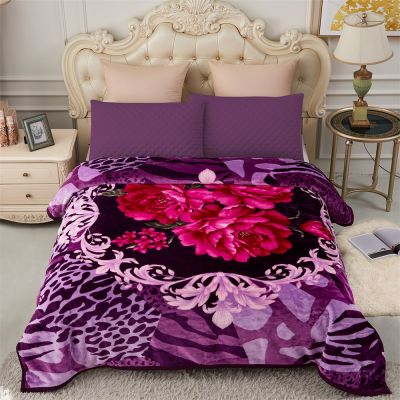 Heavy Korean Mink Fleece Blanket – 2 Ply Reversible 520GSM Silky Soft Plush Warm Blanket for Autumn Winter,Purple & Flower