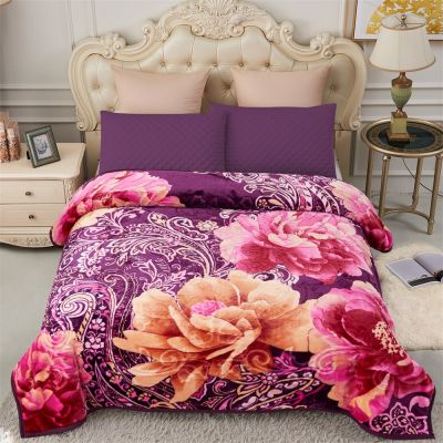 Heavy Korean Mink Fleece Blanket – 2 Ply Reversible 520GSM Silky Soft Plush Warm Blanket for Autumn Winter,Purple & Flower