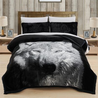JML Sherpa Flannel Blanket, 3-Piece Fleece Blanket King with Pillow Shams, Wolf