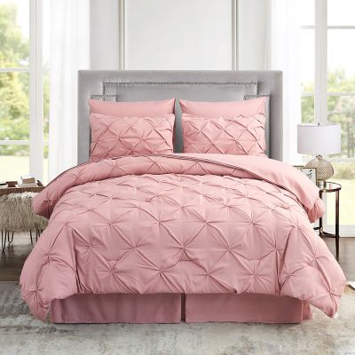 HAOK Bed in a Bag Set - 8 Pieces Pinch Pleat Bedding Comforter Sets, Pintuck Microfiber 500GSM Down Alternative Comforter Set-Pink