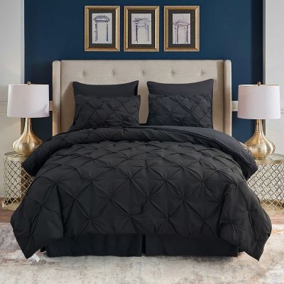 HAOK Bed in a Bag Set - 8 Pieces Pinch Pleat Bedding Comforter Sets, Pintuck Microfiber 500GSM Down Alternative Comforter Set-Black