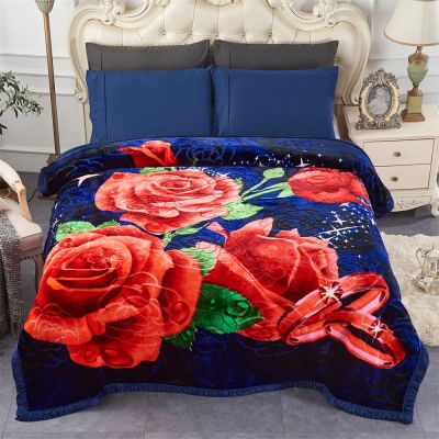 JML Heavy Fleece Blanket, Plush Velvet Korean Style Mink Blanket, Two Ply Reversible Raschel Blanket - Silky Soft Wrinkle and Fade Resistant Thick Bed Warm Blanket, Navy/Red Rose
