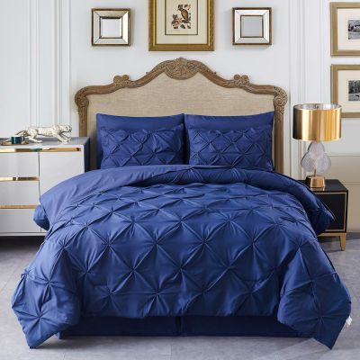 HAOK Bed in a Bag Set - 8 Pieces Pinch Pleat Bedding Comforter Sets, Pintuck Microfiber 500GSM Down Alternative Comforter Set-Navy